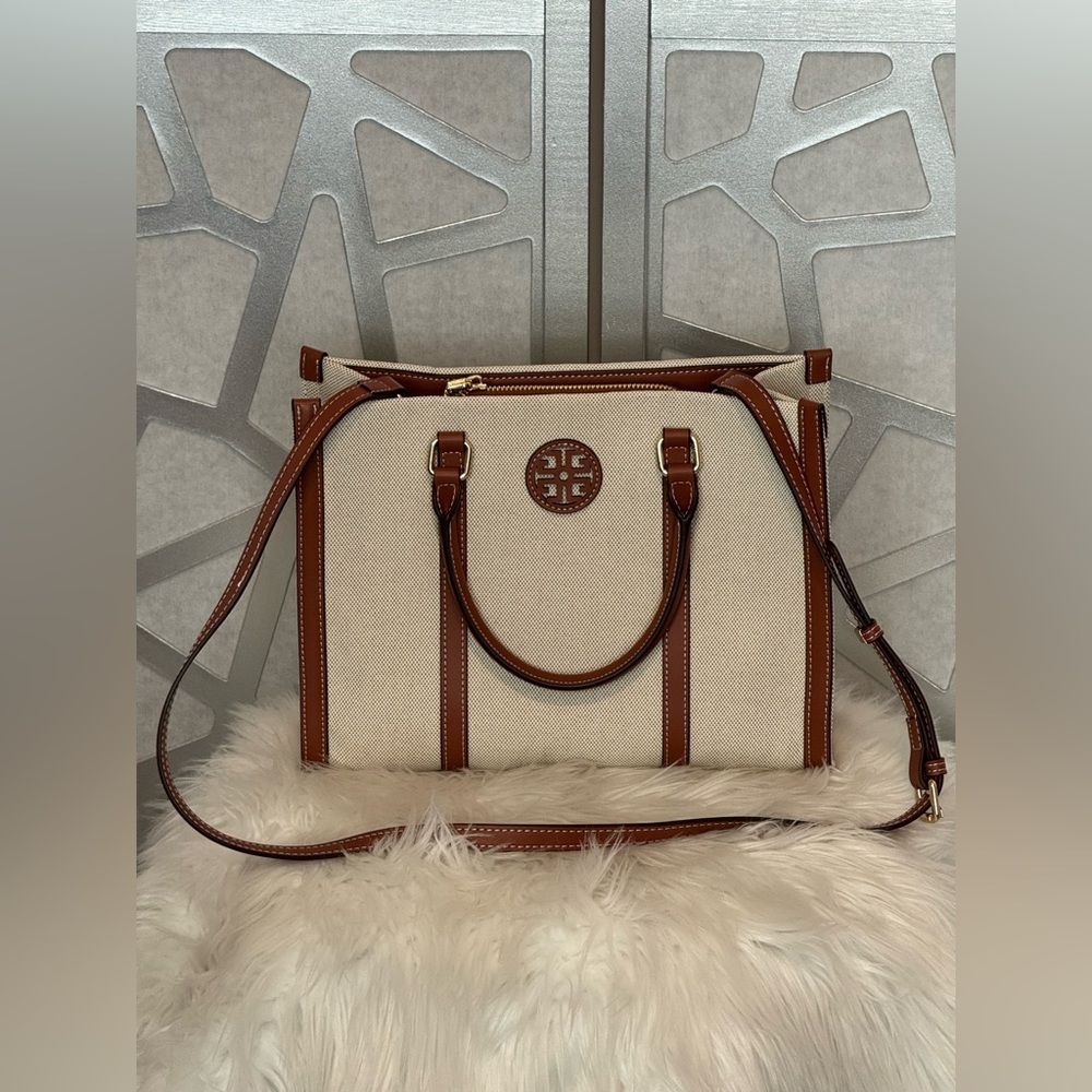 New Arrivals! Lux Fashion Cream Canvas Tote with Brown Leather Trim